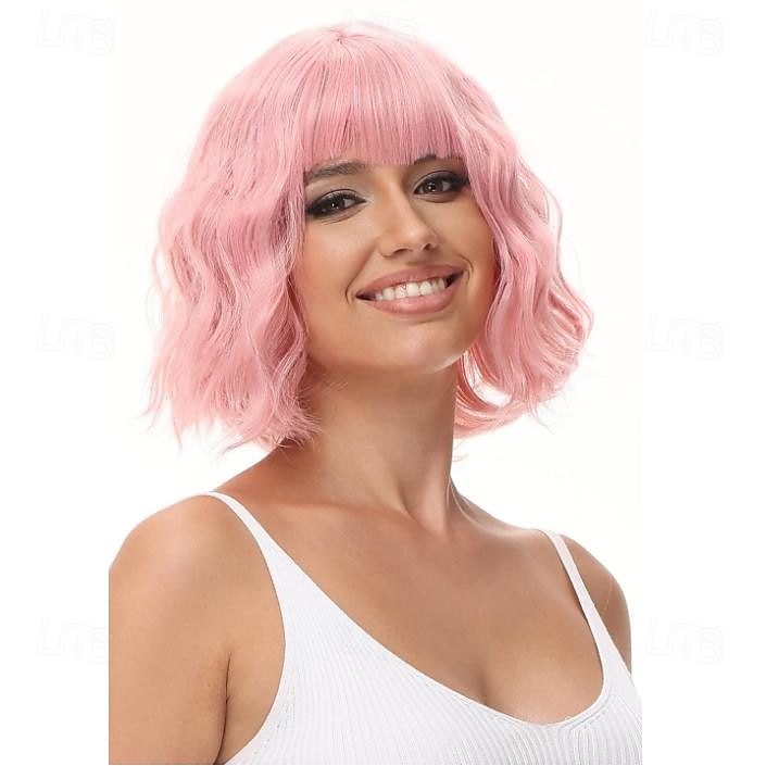 parrucca bob ondulata viola verde rosa con frangia parrucca viola ombre naturale capelli sintetici lunghezza delle spalle parrucche corte ricci per le donne del 2025 a $19.99 –P8
