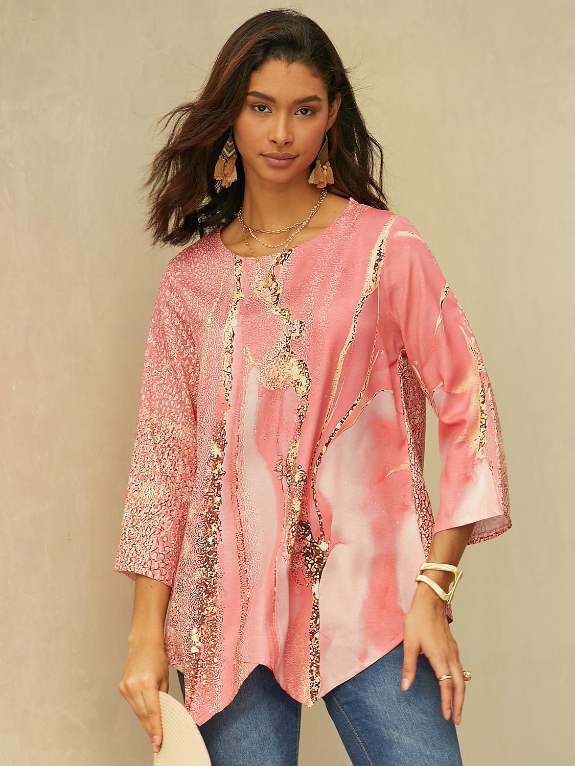 Kvinnors blus chiffong daglig grundläggande neongrön  ljus abstrakt tryck långärmad lång toppar rund hals avslappnad ljusgrön rosa blå grön beige höst  vinter 2025 - $24.99 –P8
