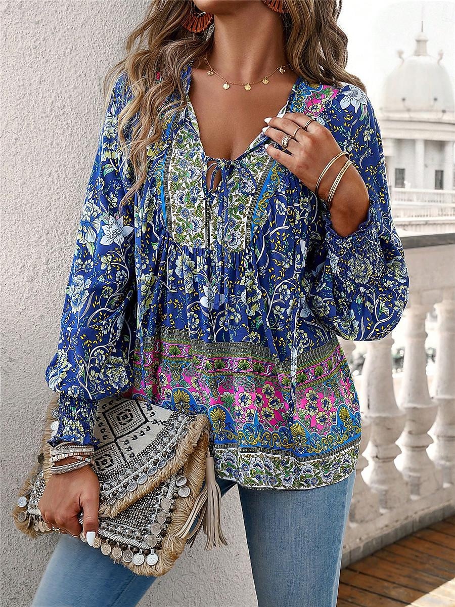 dameskjorte bluse casual boho floral blondetrykk lange ermer vanlige topper v-hals ferie strand rosa marineblå blå oransje sommer 2025 - $31.99 –P16