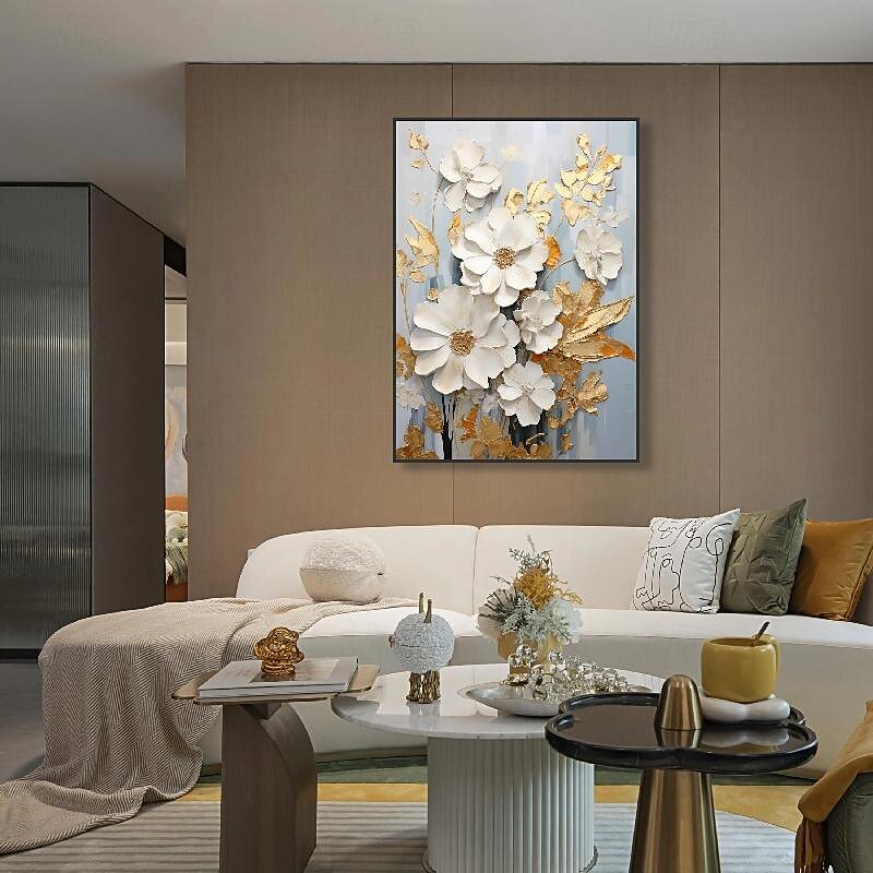 handmålad texturerat guld blomma oljemålning väggkonst abstrakt vit blomma målning på duk minimalistisk modern blommig oljemålning för vardagsrum målning elegant väggdekor fancy väggkonst 2025 - $116.99 –P9