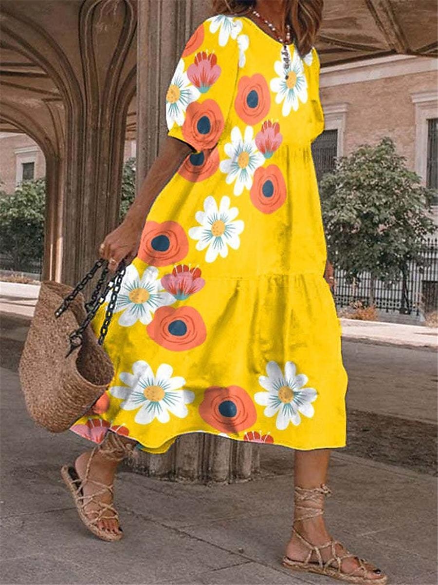 robe décontractée pour femme, imprimé floral, col ras du cou, robe midi élégante, rendez-vous quotidien, manches mi-longues, été de 2025 ? €32.99 –P1