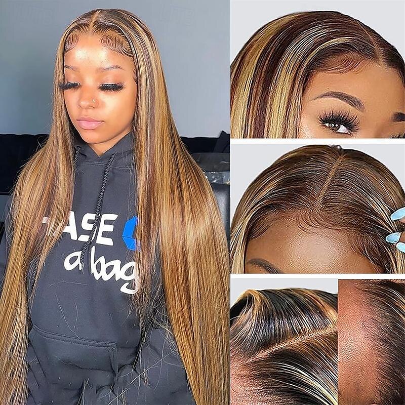 Parrucche anteriori in pizzo ombre 13x4 evidenziate diritte per le donne p4 / 27 parrucche frontali in pizzo biondo miele con capelli umani con capelli del bambino del 2025 a $237.79 –P1