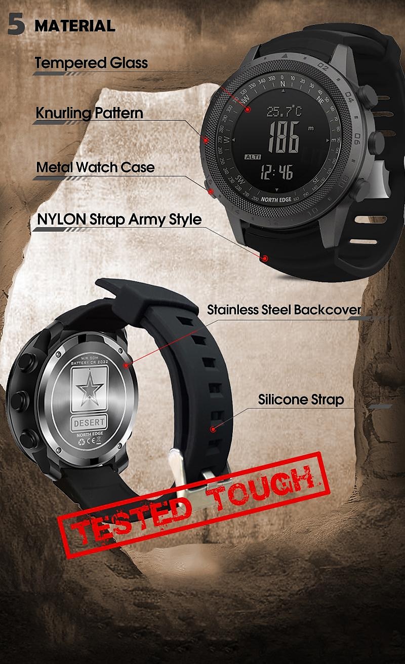 NORTH EDGE Herr Digital klocka Utomhus Sport Taktisk Vardaglig klocka Kompass Höjdmätare Självlysande Stoppur Silikon Nylonrem Klocka 2025 - $71.99 -P11