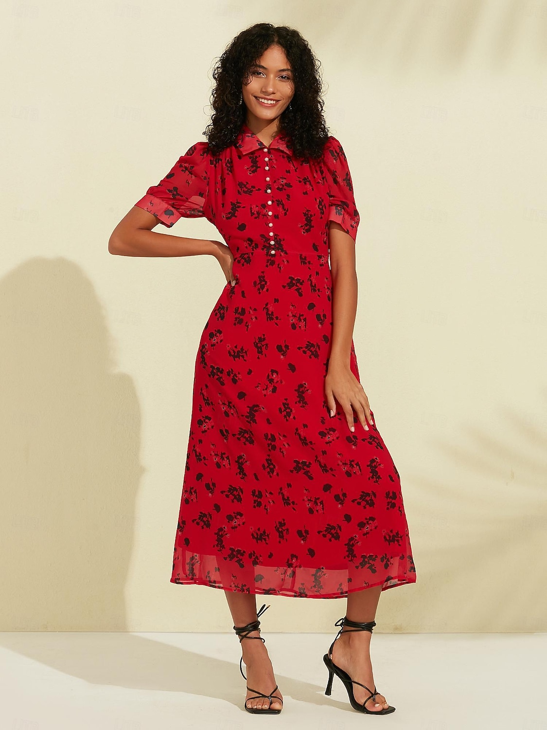 Abito midi in chiffon con maniche a sbuffo e stampa floreale del 2026 a $148.99 –P5
