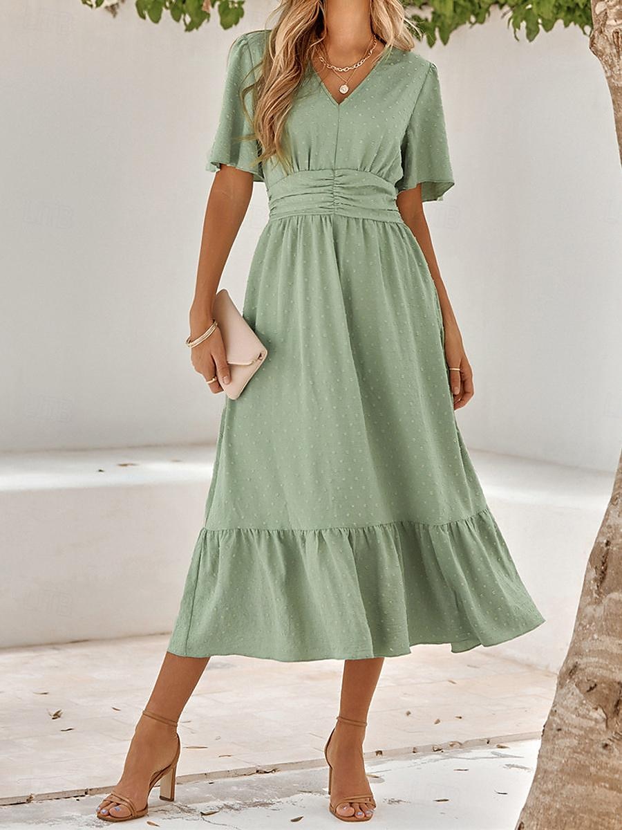Naisten Rento mekko Midimekko Ruffle Trim Deitti Loma Katutyyli Vapaa-aika V kaula-aukko Puolihiha Ruskea Apila Aprikoosi Väri 2025 - $41.99 –P13