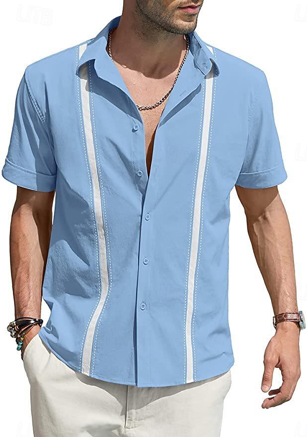 Per uomo Camicia camicia di lino Maglietta informale Camicia di cotone Color Block Hawaiano Per eventi Nero Bianco Blu marino Azzurro cielo Manica lunga Bavero Primavera & Autunno Abbigliamento del 2025 a $22.99 –P5