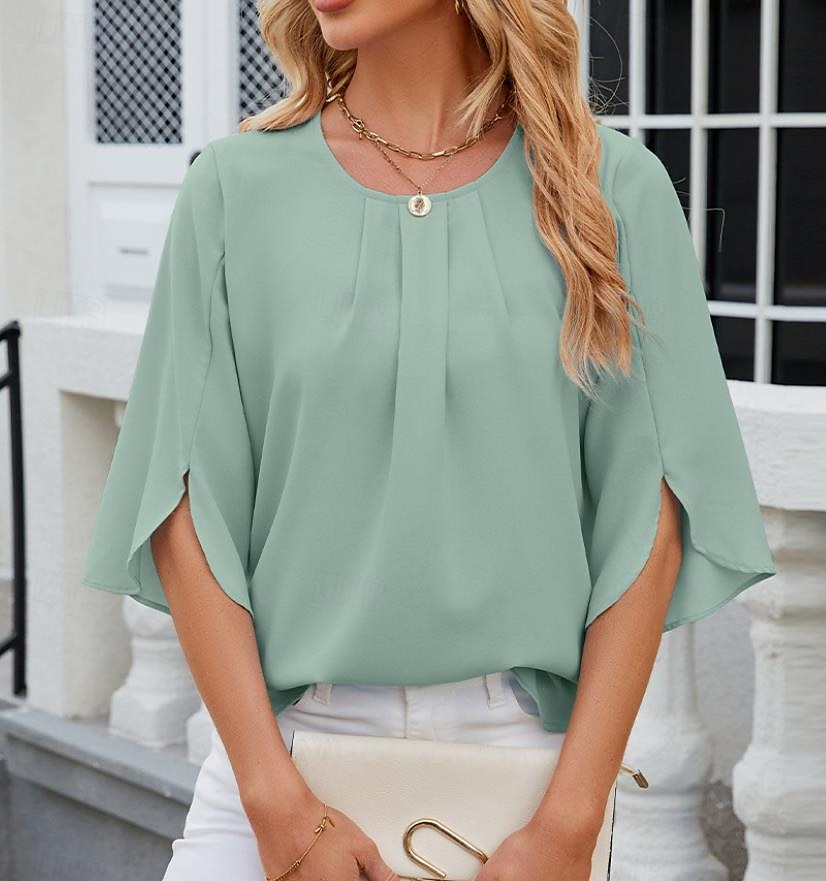 Femme Chemise Manche Courte Col Carré Vacances Plage Drapée Rose Claire Bleu Vert Eté de 2025 ? $29.99 -P13