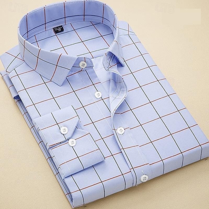 Herren Kleidhemd Kariert / Gestreift / Zickzack / Rund Hochzeit Wochenende Weiß Marineblau Blau Leicht Blau Langarm Quadrathals Frühling & Herbst Bekleidung 2025 - $21.99 –P3