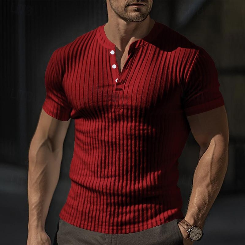 Men's Button T Shirt T Shirt Henley Shirt Tee Short Sleeve V Neck Spring & Summer Plain Pit Strip Fashion Designer Basic Vacation Street Going out Wine Black White Top Tee for Men 2025 - $12.49 –P9