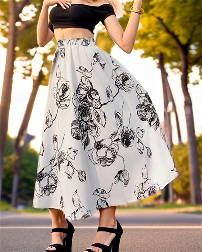 Mujer Columpio Falda larga Midi Faldas Gasa Estampado Flores Diario Festivos Primavera verano Gasa Elegante Moda Negro Blanco 2025 - $24.99 –P1