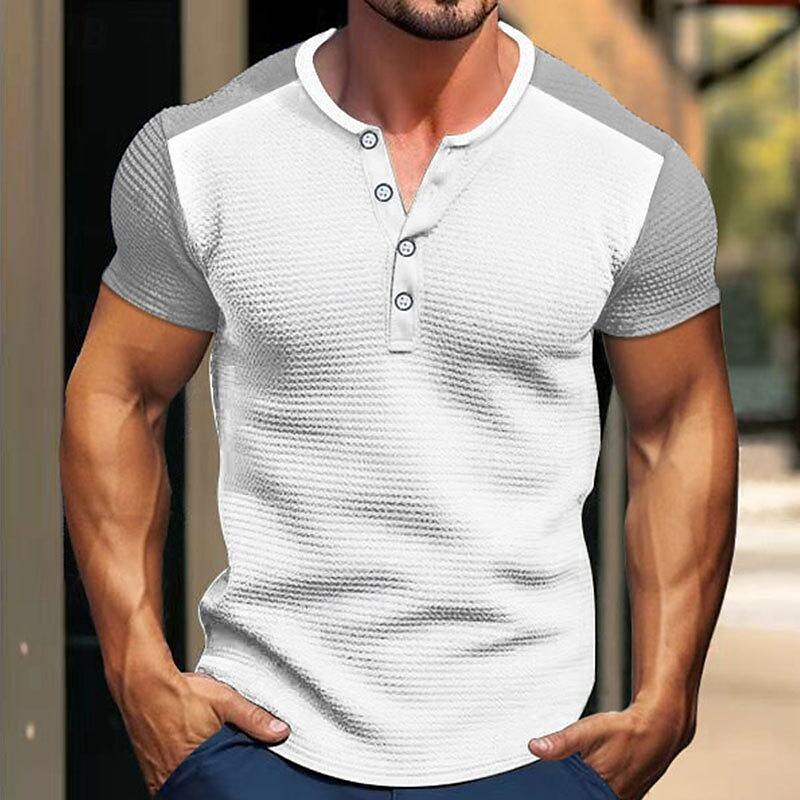 Men's Waffle Tee Button T Shirt T Shirt Waffle Henley Shirt Short Sleeve Henley Spring & Summer Color Block Fashion Designer Basic Patchwork Vacation Street Going out Black White Royal Blue Top Tee 2025 - $20.99 –P6
