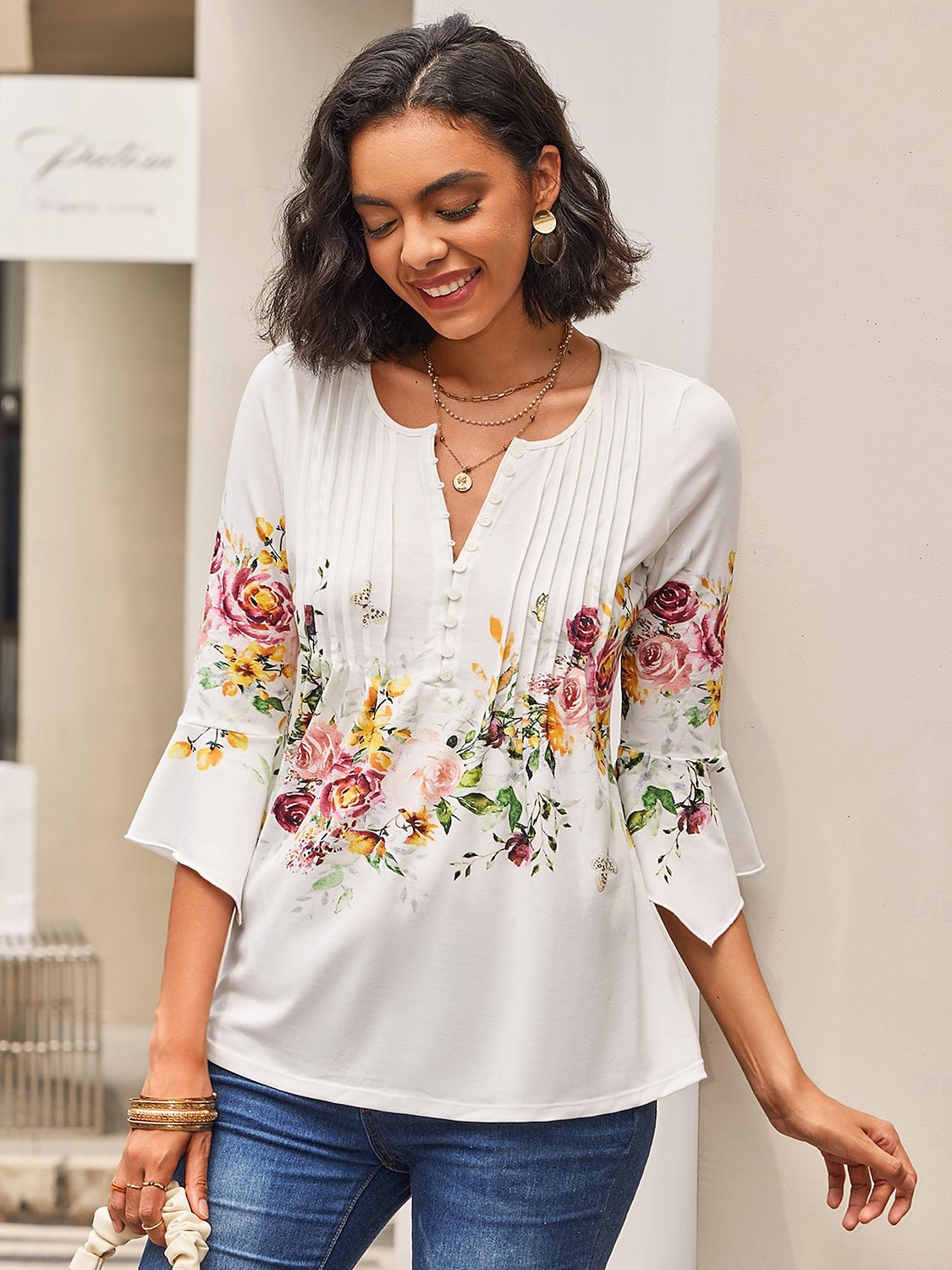 Dam T-shirt Enkel Blommor Knappar Tryck 3/4 Längd Ärmar Regular Toppar Rund Hals Avslappnad Semester Vit 2025 - $27.99 –P4