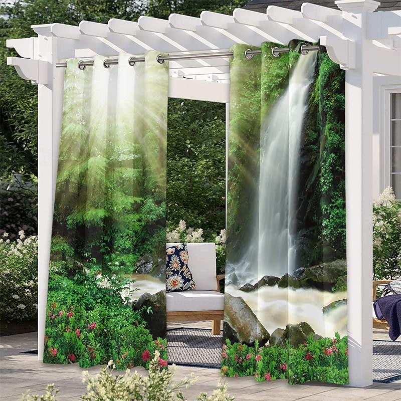 Cortinas exteriores para patio, opacas impermeables, cubierta exterior para cenador, pabellón, pérgola, cenador, solárium, 2 paneles, cascada río 2025 - $31.99 –P9