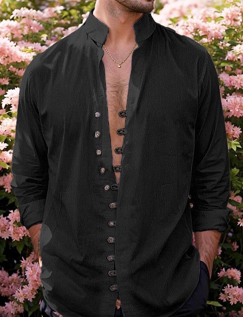 Herren Hemd Leinenhemd Sommerhemd Strandbekleidung Knopfhemd Einfarbig Täglich Strand Schwarz Rosa Khaki Dunkelgrau Langarm Sommer Bekleidung 2026 - $25.99 –P15