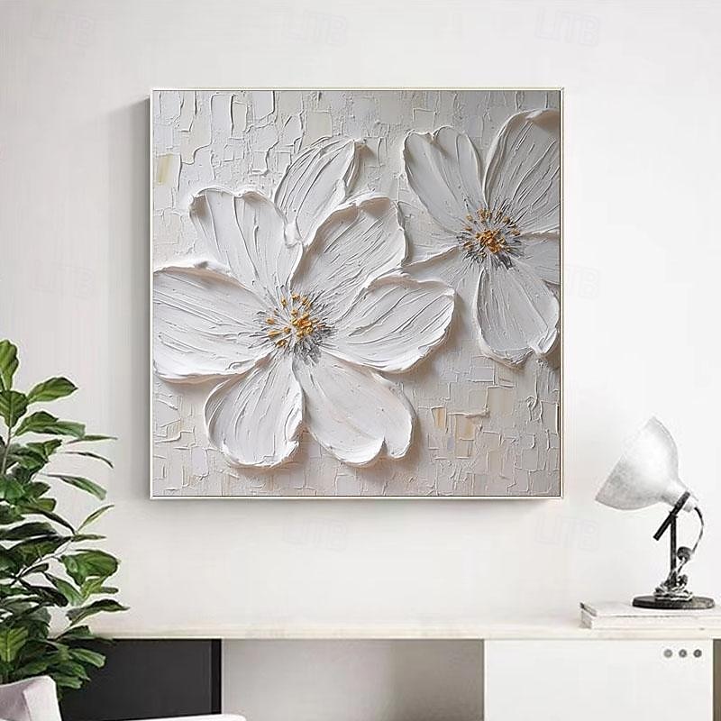 abstraktes, dickes Ölgemälde mit weißer Blume, modern, 100 % handgefertigt, weiße Leinwand, Gemälde, Wandkunst für Wohnzimmer, rahmenloses Dekor, gespannter Rahmen, fertig zum Aufhängen oder ungerahmt 2025 - zł418.99 –P4