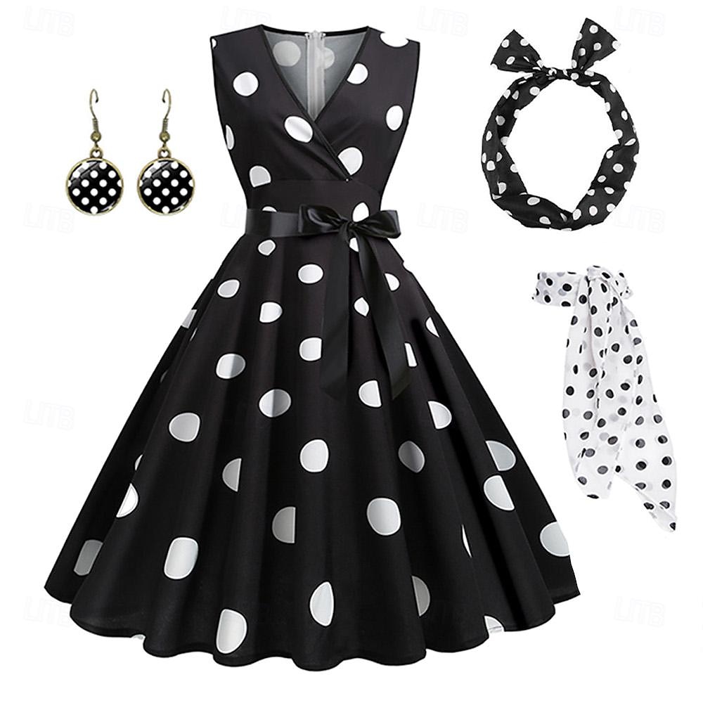 robe rockabilly femme a-ligne à pois robe swing robe évasée avec accessoires ensemble années 1950 années 60 rétro vintage avec bandeau foulard en mousseline de soie boucles d'oreilles lunettes oeil de 2025 ? $32.99 –P3