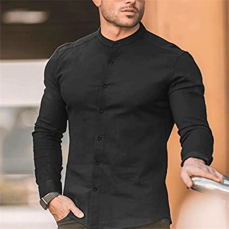 Herre Skjorte Sommerskjorte Uformell skjorte Strandskjorte Skjorte med knapper Svart Hvit Vin Navyblå Himmelblå Langermet عادي bestefars krage Båndkrage Feriereise Hawaiisk Klær Polyester Mote Fritid 2026 - $26.99 –P12