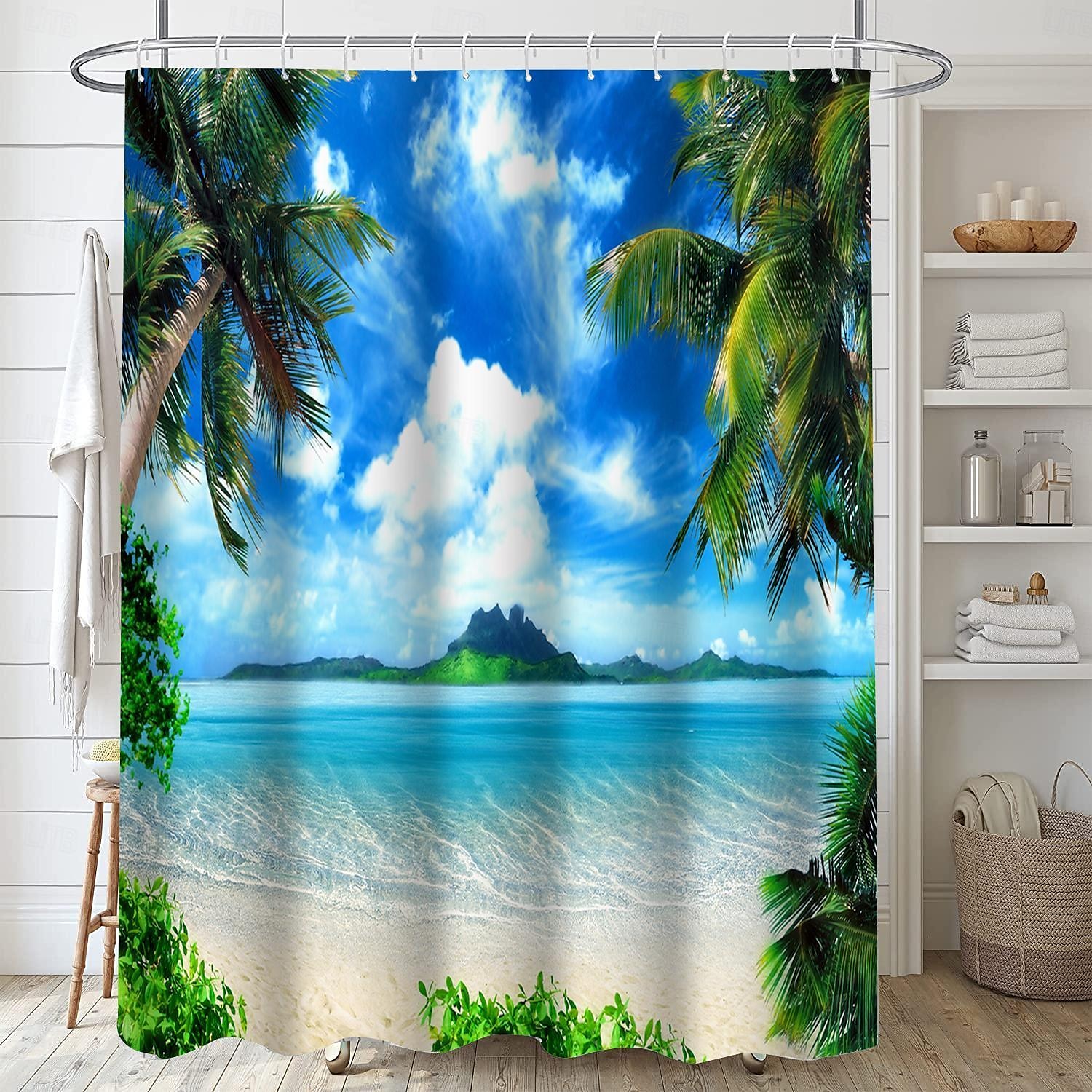 Κουρτίνα ντους με γάντζους 180cm*180cm(70"*70") Πολυεστέρας Πλενόμενη Αδιάβροχη Σχέδιο Μπάνιου Μπανιέρας Παραλίας Θάλασσα Καρύδα Δέντρο Τοπίο 2025 - $25.99 –P11