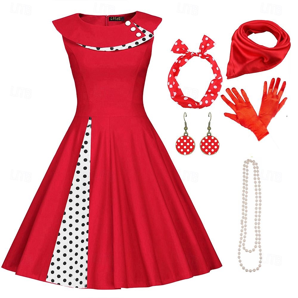50. léta outfit světlice šaty 7 ks sada doplňků 50. léta retro vintage swingové šaty dámský cosplay kostým party datum festival 2026 - $46.99 –P8