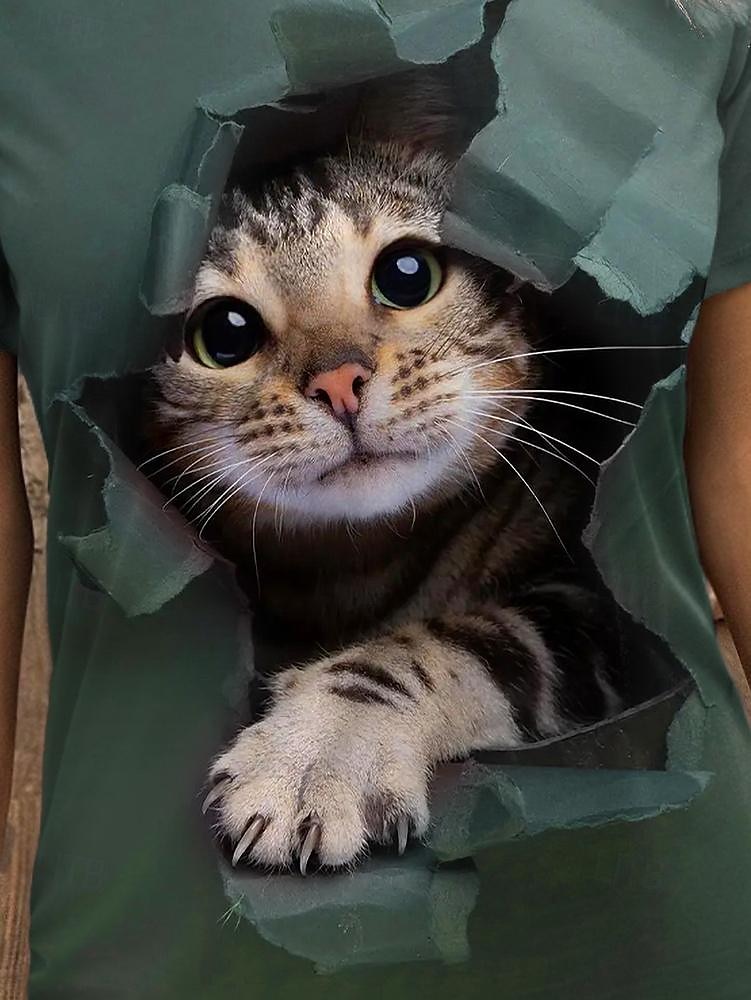 Tricou pentru femei casual guler rotund imprimeu 3D cu pisică verde mâncă scurtă îmbrăcăminte zilnică confortabil ajustare relaxată modă top de dimensiuni multiple 2025 - $19.99 –P3