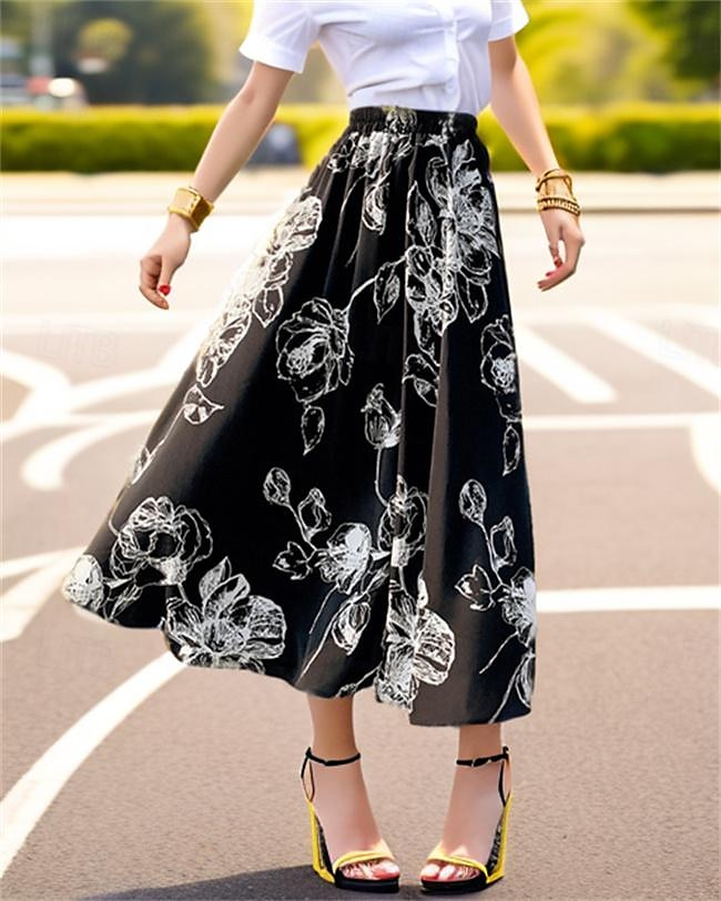 Mujer Columpio Falda larga Midi Faldas Gasa Estampado Flores Diario Festivos Primavera verano Gasa Elegante Moda Negro Blanco 2025 - $24.99 –P3