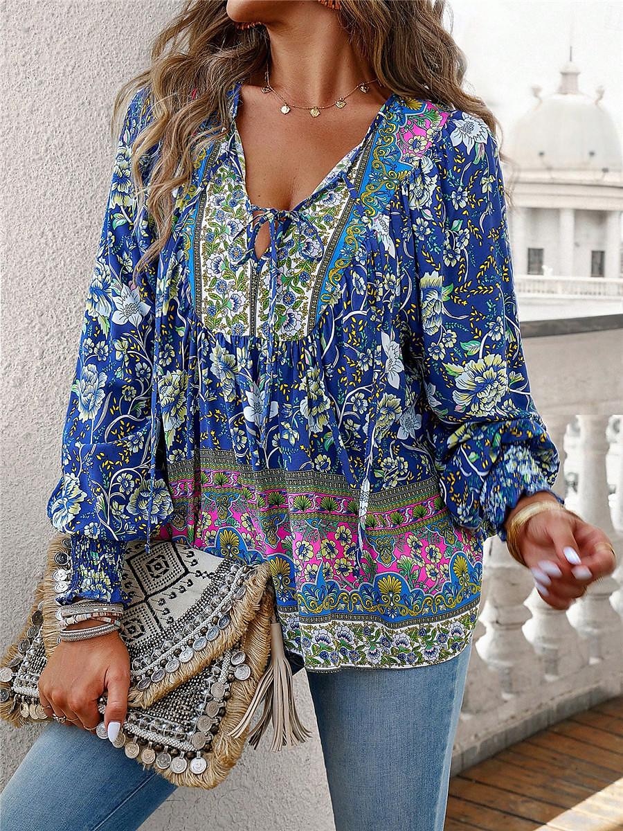 dameskjorte bluse casual boho floral blondetrykk lange ermer vanlige topper v-hals ferie strand rosa marineblå blå oransje sommer 2025 - $31.99 –P14