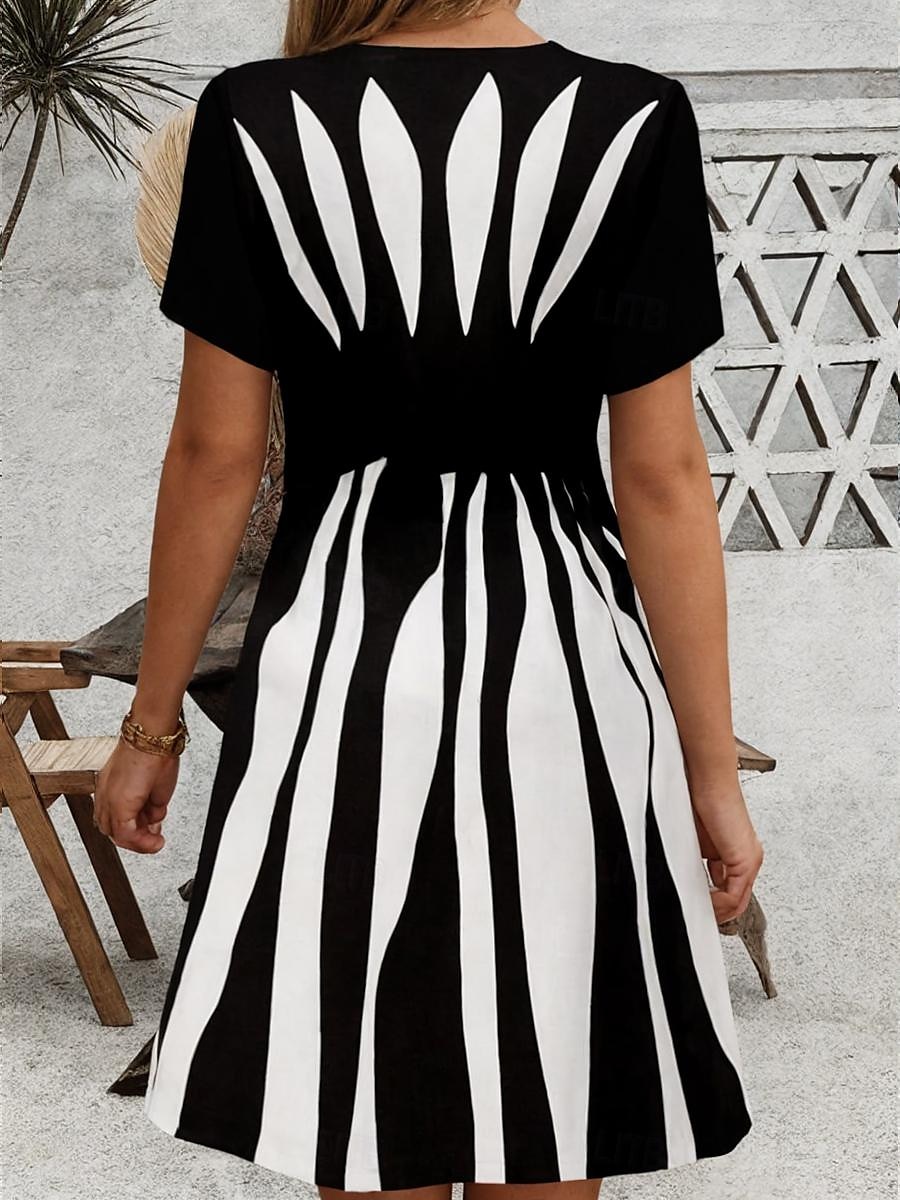 Women's Mini Dress Casual Dress Petite Dress Sundress A Line Dress Vintage Stylish Casual Vacation Home Party Loose Fit Geometric Stripe Short Sleeve Sweetheart Black And White Summer 2025 - $35.99 –P2