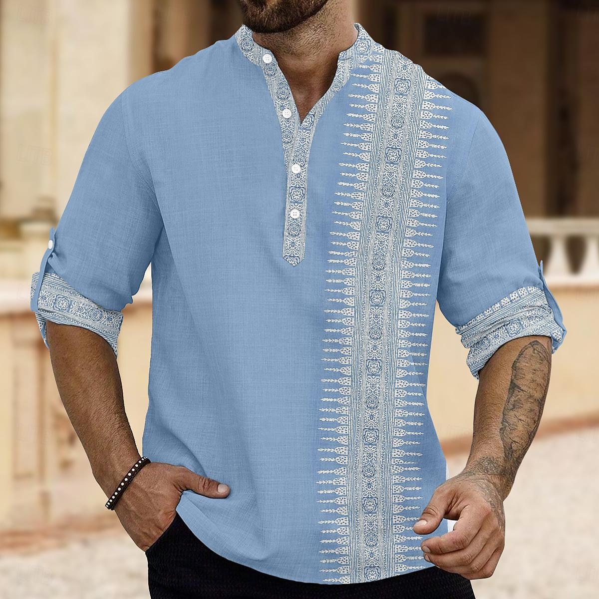 Per uomo Tribale Etnico Stampa bandana Camicia Camicia di lino Camicia con Bottoni Manica Lunga Tribale Vacanza Abbigliamento quotidiano Uscire Primavera & Autunno Collo alla coreana Bottoni Stampato del 2025 a $26.99 –P1