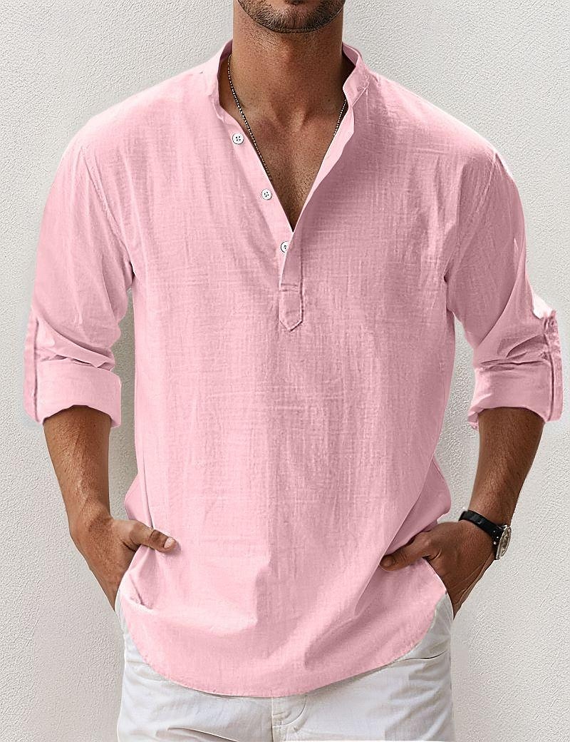 Voor heren Linnen overhemd Popover-shirt Zomer overhemd Strand Kleding Normaal shirt Overhemd met bandkraag Effen Vakantie Hawaii Zwart Wit Blozend Roze blauw Lange mouw Henley Lente zomer Kleding 2026 - $25.99 –P10