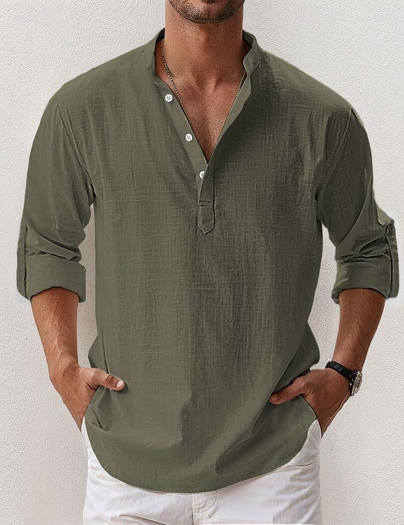 Voor heren Linnen overhemd Popover-shirt Zomer overhemd Strand Kleding Normaal shirt Overhemd met bandkraag Effen Vakantie Hawaii Zwart Wit Blozend Roze blauw Lange mouw Henley Lente zomer Kleding 2026 - $25.99 –P14