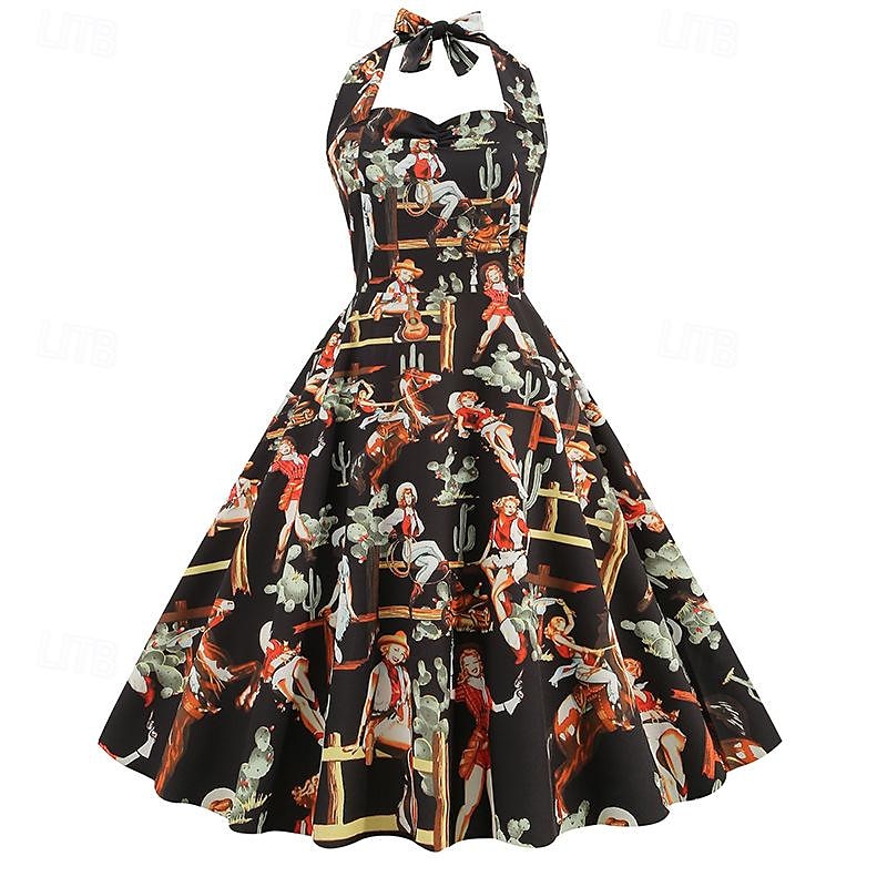Retró 1950-es Rockabilly Swing ruha Flare ruha A-vonalú Kötőfék nyaka Női Farsang Zsúr Alkalmi / Napi Retro témájú buli Felnőttek Ruha Tavaszi nyár 2025 - $28.99 –P13