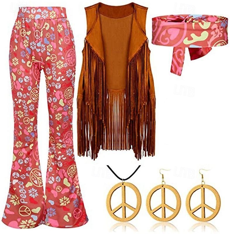 Hippie Scheibe Retro Vintage 1960er Hippie 1970er Hosen Cosplay Kostüm Austattungen Weste Stirnband Damen Mädchen Quaste Halskette Ohrringe Jahrgang Karnival Maskerade Ärmellos Weste Schlager Outfit 2026 - $57.99 –P4