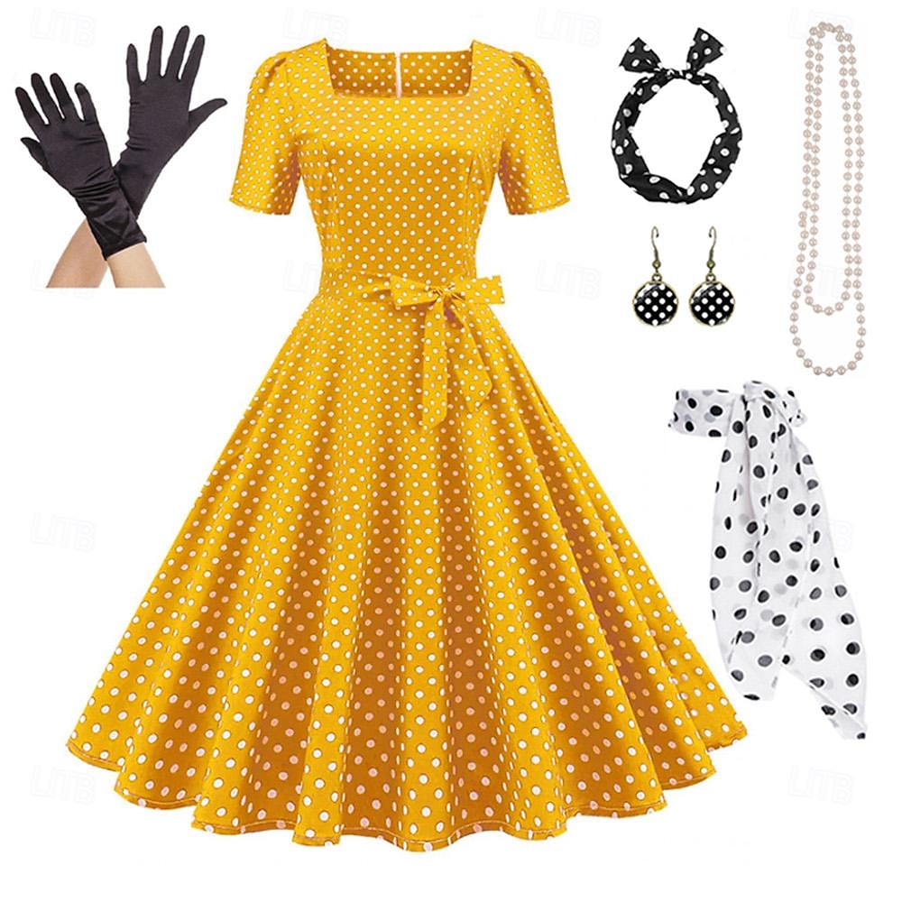 Retrò Vintage Anni 1950 Rockabilly Gonna a cerchio Abito a Linea Tutu A Pois Per donna Festa / Sera Mascherata Addio al Nubilato Adulti Vestito Guanti Orecchini Primavera & Estate del 2025 a $38.99 –P7