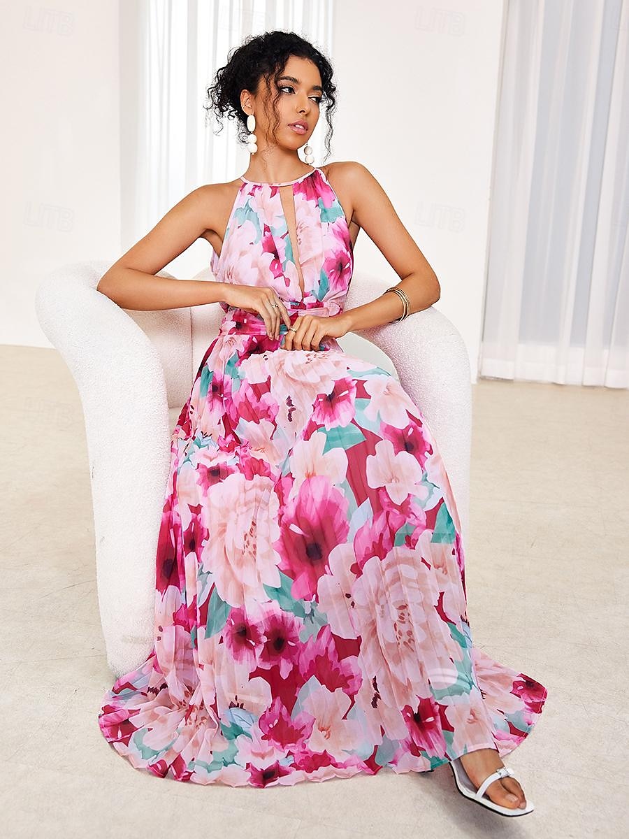 Women's Maxi Dress Sleeveless Halter Neck Floral Pink White Pleated Belted Lightweight Spring Summer Wedding Party Elegant Flowy Full-Length Clothing Apparel 2025 - $49.99 –P4