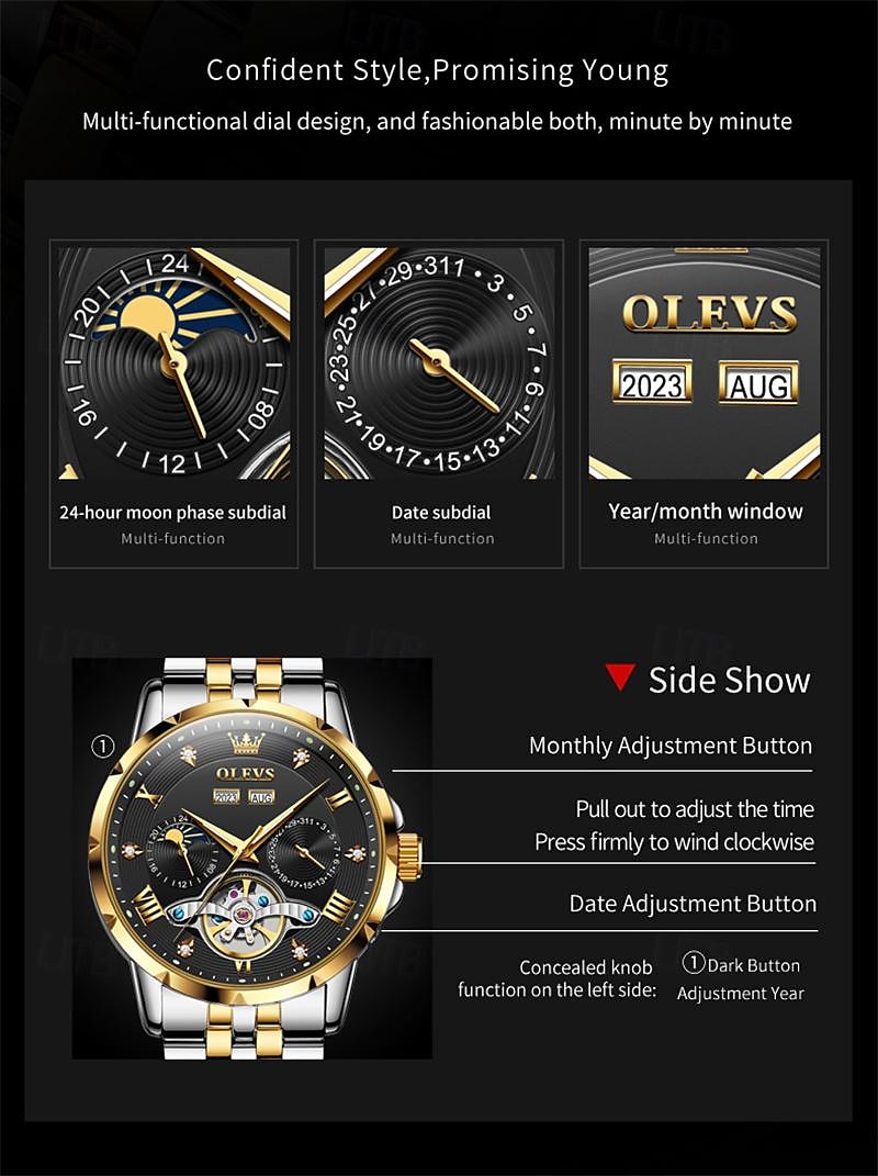 New Brand Olevs European Men'S Fashion Trend Business Watch Luminous Calendar 24-Hour Indication Week Multi-Functional Mechanical Watch Steel Band Waterproof Sports Casual Men'S Watch 2025 - $91.99 –P5