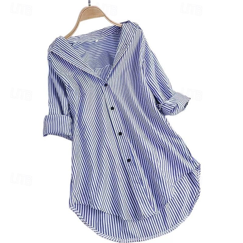 Dames Overhemd Linnen-geïnspireerde overhemden Knoop omhoog Blouse Gestreept Casual Lange mouw Overhemdkraag Lange tops Dagelijks Knop Afdrukken Zwart Blozend Roze Rood Marineblauw blauw Lente 2025 - $27.99 –P3