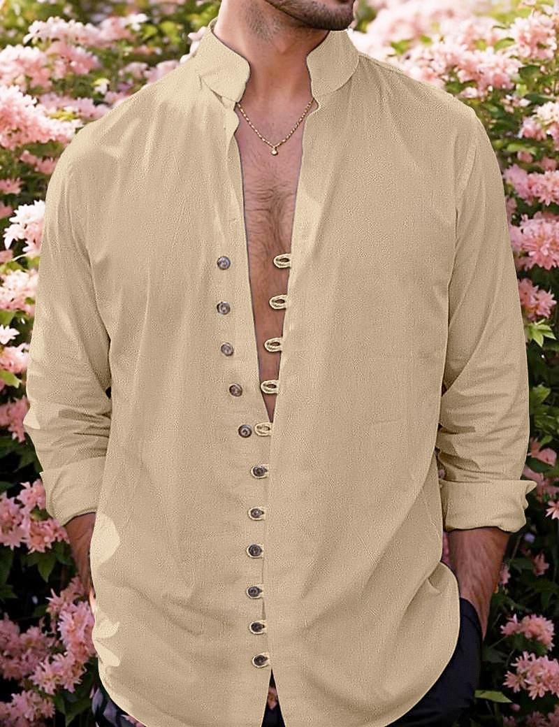 Herren Hemd Leinenhemd Sommerhemd Strandbekleidung Knopfhemd Einfarbig Täglich Strand Schwarz Rosa Khaki Dunkelgrau Langarm Sommer Bekleidung 2026 - $25.99 –P11