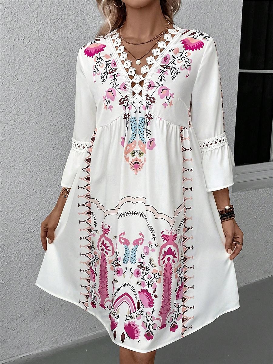 Damen Minikleid Casual kleid Sommerkleid Boho-Kleid Stilvoll Brautkleider schlicht Urlaub Täglich Verabredung Regular Fit Blumen 3/4 Ärmel V Ausschnitt Schwarz Rote Fuchsie Aprikose Sommer 2025 - $27.99 –P7