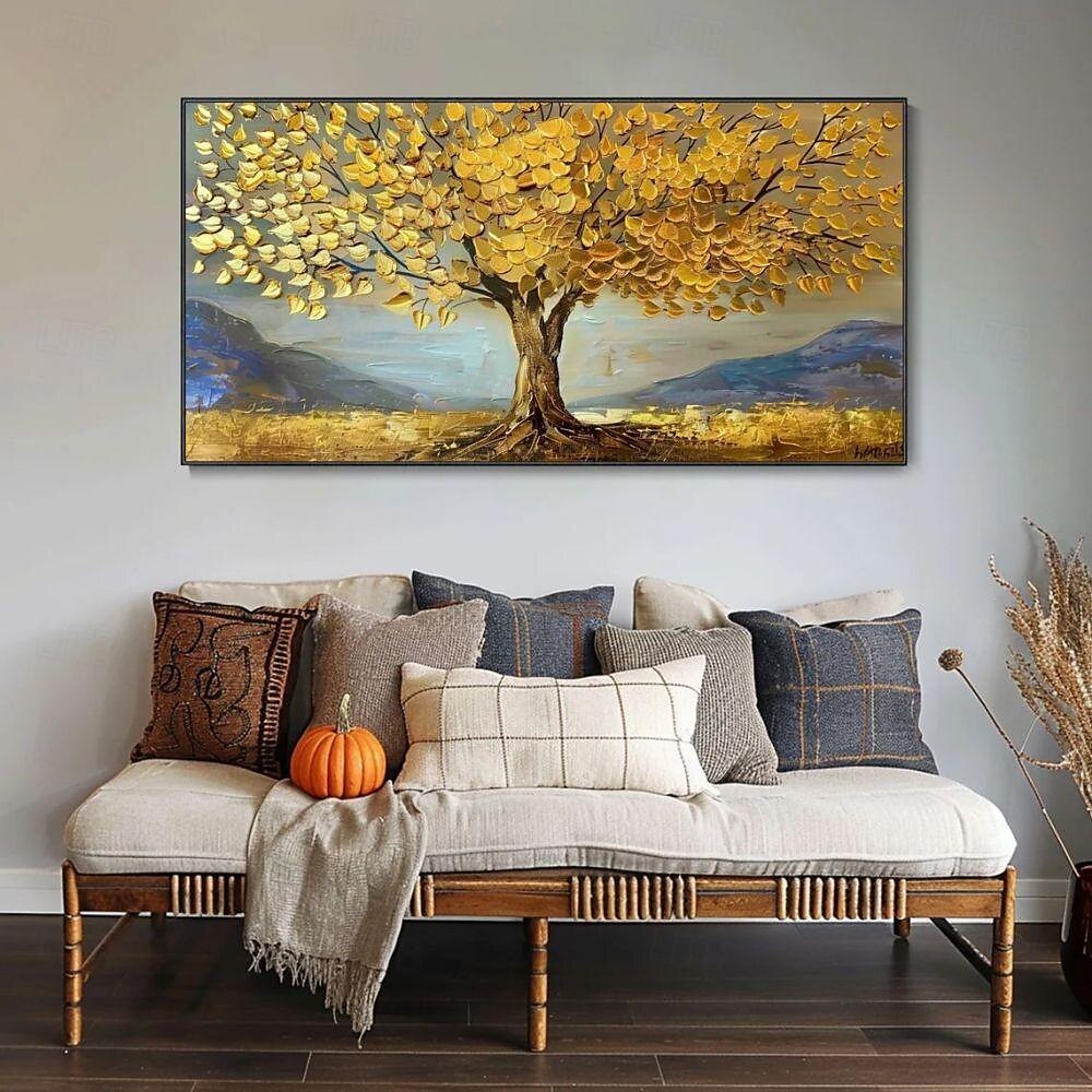 handgemachtes Ölgemälde auf Leinwand, Wandkunst, Dekoration, goldene Baumlandschaft für die Inneneinrichtung, gerolltes, rahmenloses, ungedehntes Gemälde, goldene Baumlandschaft 2025 - $91.99 –P3
