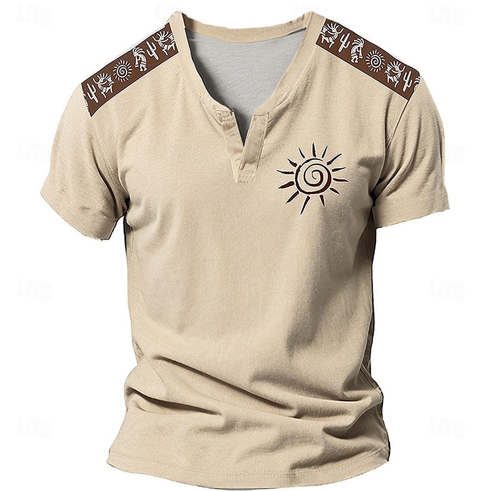 Męskie Słońce Aztek Podkoszulek Koszula Henley Krótki rękaw Druk 3D Designerskie Etniczne Codzienny Lato Niebieski Zielony Khaki W serek Henley Koszulka Henley 2025 - $23.99 –P1
