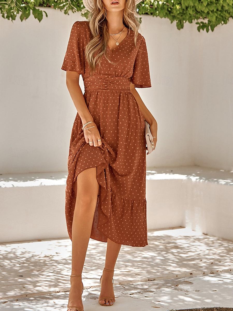 Naisten Rento mekko Midimekko Ruffle Trim Deitti Loma Katutyyli Vapaa-aika V kaula-aukko Puolihiha Ruskea Apila Aprikoosi Väri 2025 - $41.99 –P4