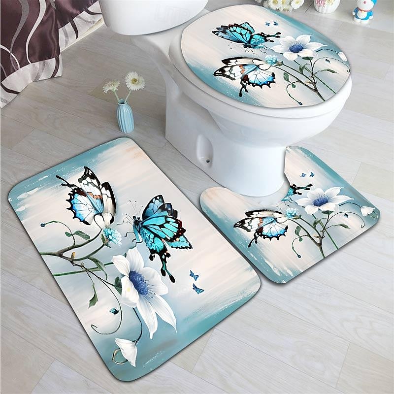 Pillangó fürdőszobai dekó 4 db-os zuhanyfüggöny szett 180cm*180cm(70"*70") fürdőszobai szettek modern otthoni fürdőszobai dekoráció fürdőszőnyeg U alakú és WC fedél szőnyeg 12 kampóval 2025 - $41.99 –P2