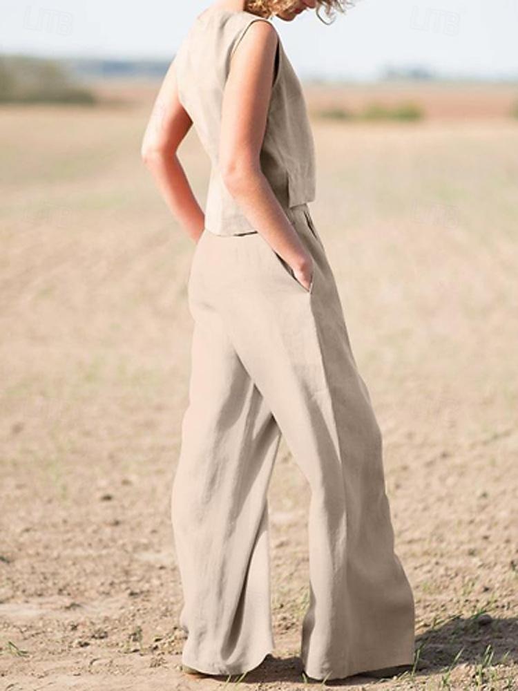 Tanktop Baumwoll-Leinen-Hemden Set Damen Armeegrün Marineblau Khaki Einfach 2 teilig Weites Bein Straße Täglich Mode Rundhals Normale Passform M 2025 - $35.99 –P2