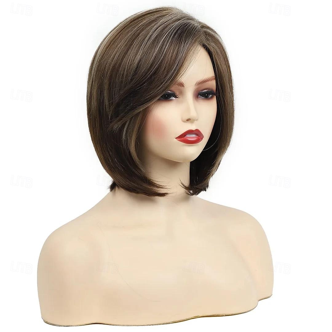 pruik natuurlijk golvend asymmetrisch met pony pruik kort lichtbruin synthetisch haar dames klassiek lichtbruin korte bob pruiken met highlights natuurlijk ogende pruiken 2025 - $19.99 –P4