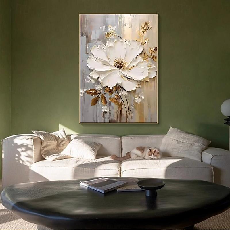 handmålad texturerat guld blomma oljemålning väggkonst abstrakt vit blomma målning på duk minimalistisk modern blommig oljemålning för vardagsrum målning elegant väggdekor fancy väggkonst 2025 - $116.99 –P1