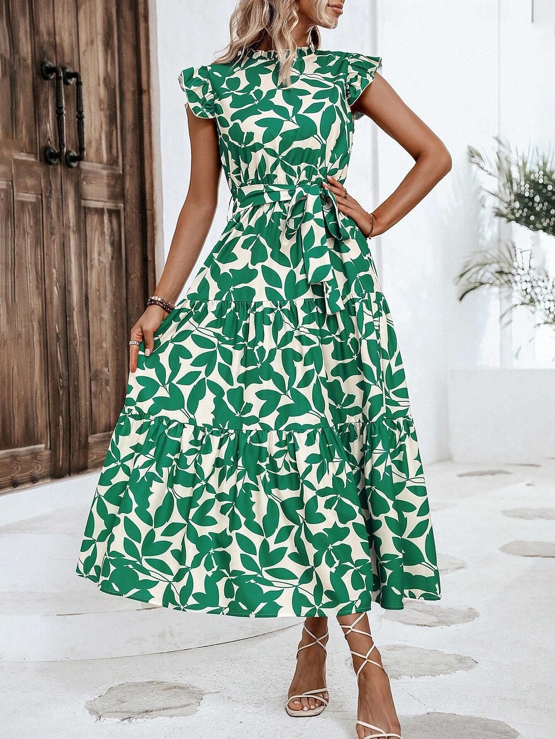 white christmas dresses Beige Floral Pleated Short Sleeve Chiffon Maternity Midi Dress – PinkBlush main image 0
