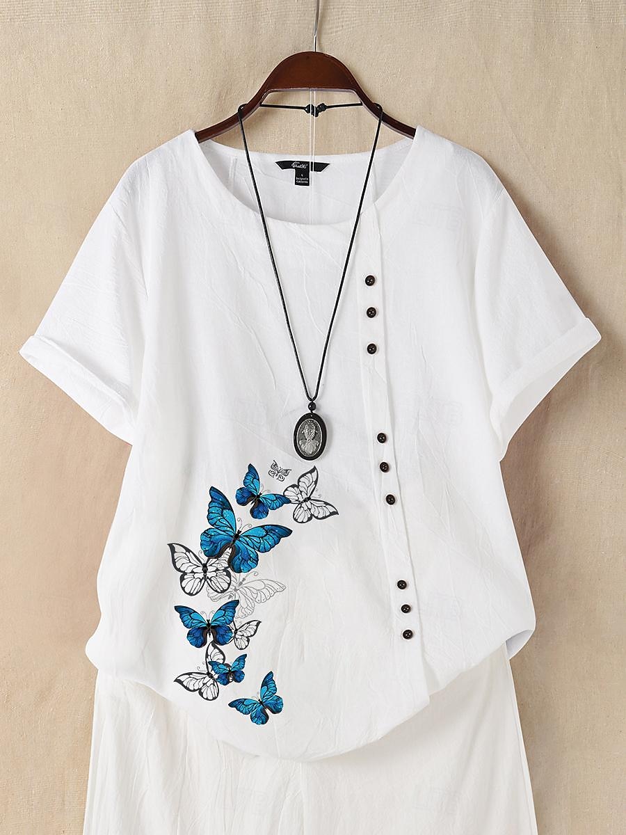 Női Ing 100% Pamut Gombos Nyomtatás Napi Len Hatású Elegáns Rövid Ujjú Kerek Nyak Fehér Nyár 2025 - $22.99 –P4
