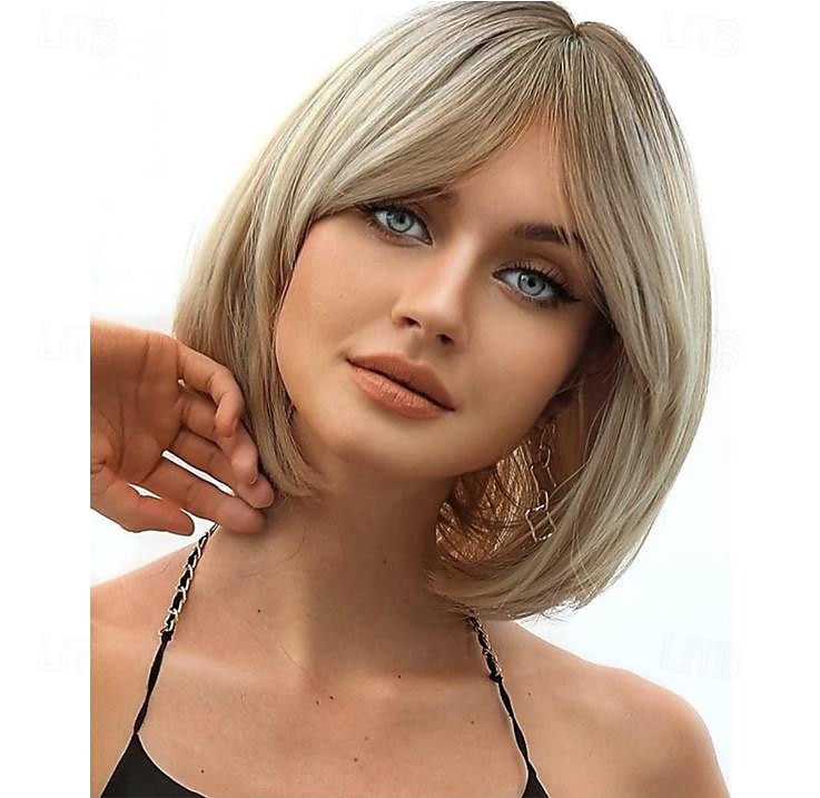Short Bob Wig with Bangs Heat Resistant Synthetic Straight Wigs for Women Cute Dark Ash Blonde blended with Blonde 10 inches Light Brown Black Brown Light Blonde Blonde 2025 - $20.99 –P3