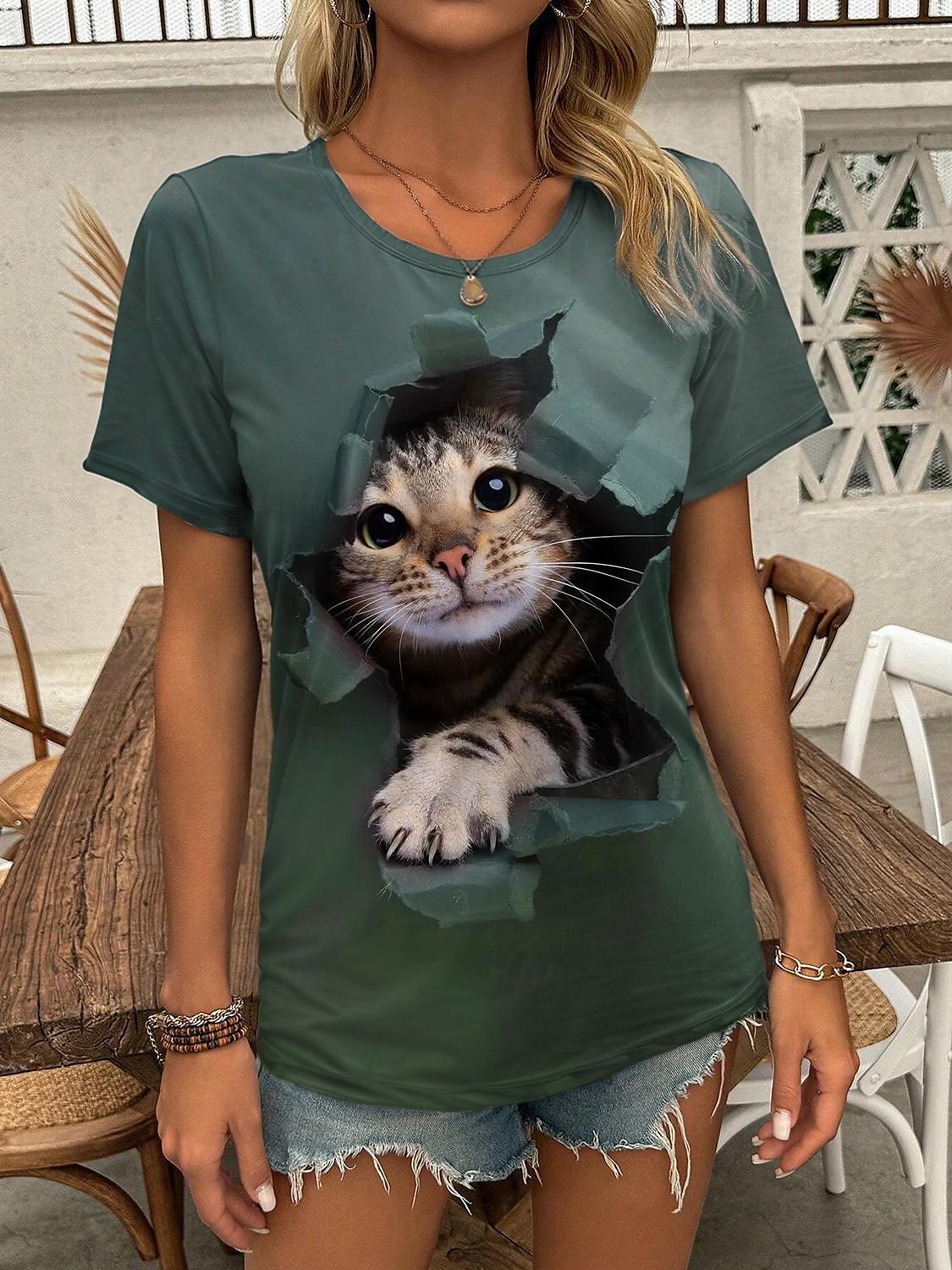 Tricou pentru femei casual guler rotund imprimeu 3D cu pisică verde mâncă scurtă îmbrăcăminte zilnică confortabil ajustare relaxată modă top de dimensiuni multiple 2025 - $19.99 –P1