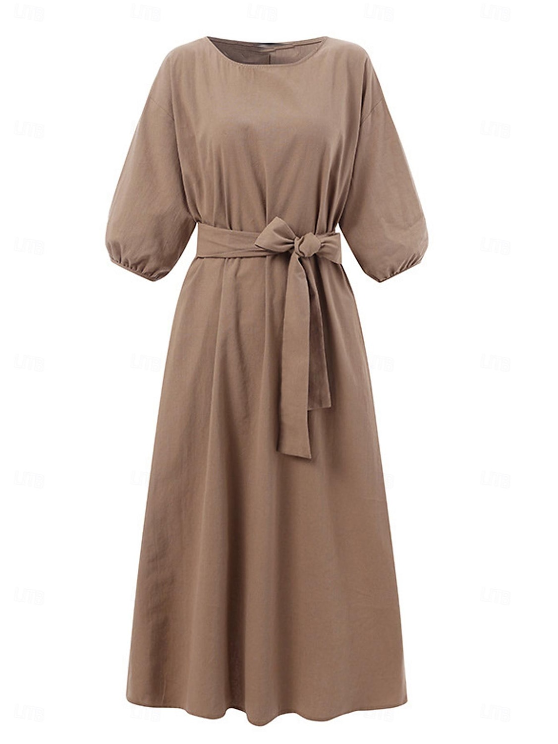 Women's Casual Dress Sundress Plain Dress Midi Dress Belted with Sleeve Work Date Vacation Elegant Vintage Crew Neck 3/4 Length Sleeve Lantern Sleeve Teal Army Green Coffee Color 2024 - $31.99 –P4